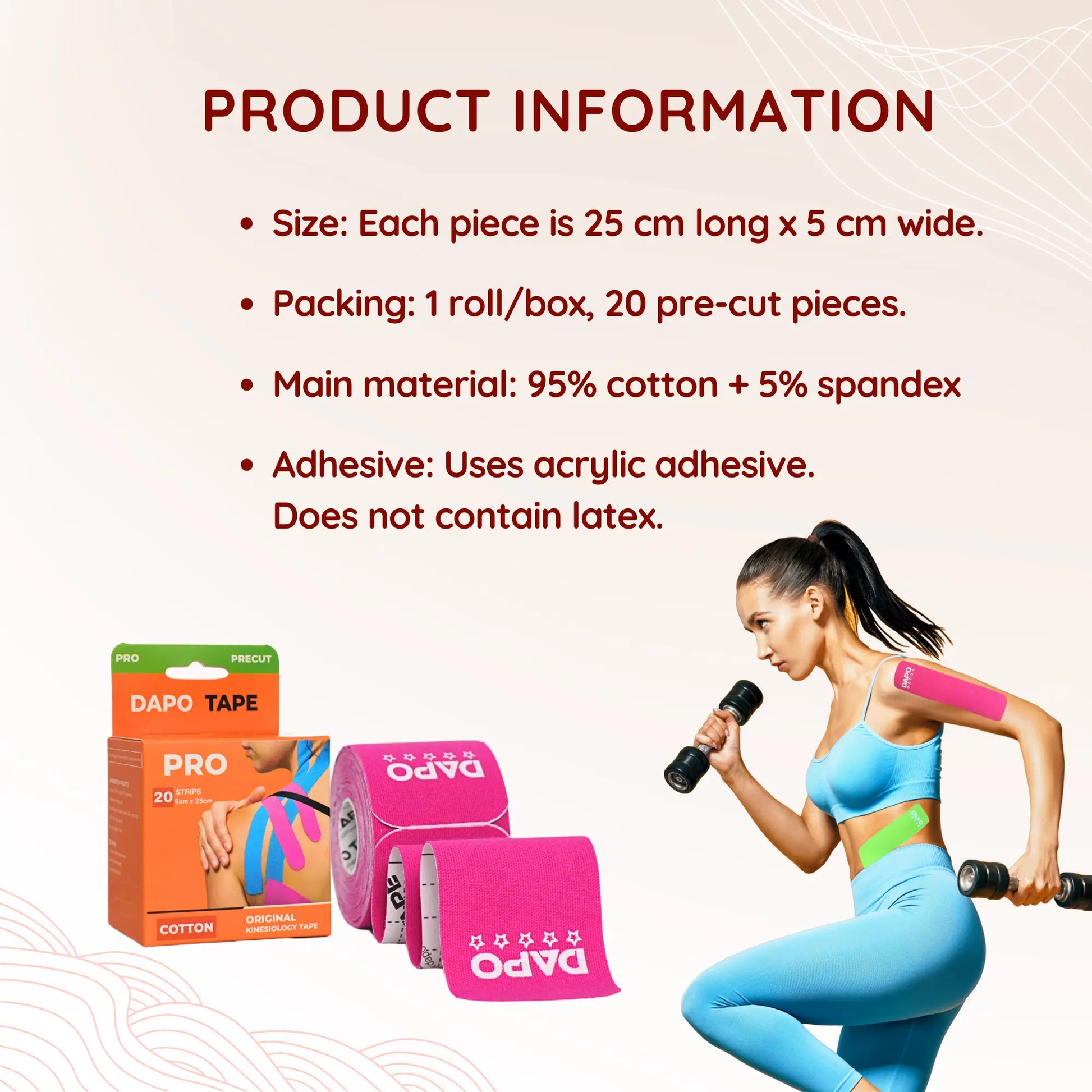 [Dapo] Precut Kinesiology Tape, 2 Roll (40 Strips 2 Inch X 16Ft) Original Cotton Latex-Free, Flexible Athletic Tape for Fitness, Sport Training, Recovery Sports Tapes