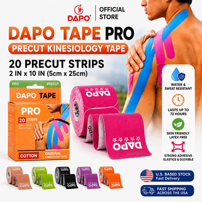 [Dapo] Precut Kinesiology Tape, 2 Roll (40 Strips 2 Inch X 16Ft) Original Cotton Latex-Free, Flexible Athletic Tape for Fitness, Sport Training, Recovery Sports Tapes